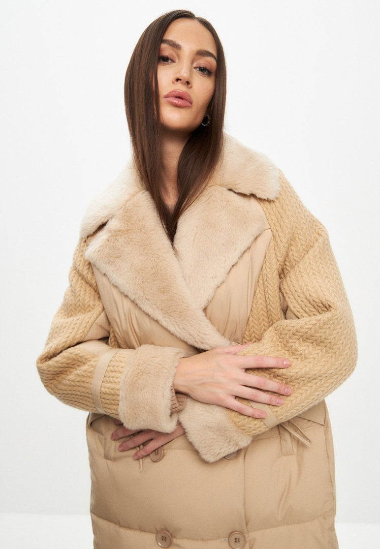 A stylish beige long quilted winter jacket with an oversize style for women's outerwear fashion.