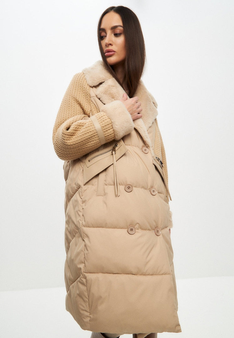 A stylish beige long quilted coat in an oversize style, perfect for staying warm and fashionable in the winter season, ideal for women's outerwear.