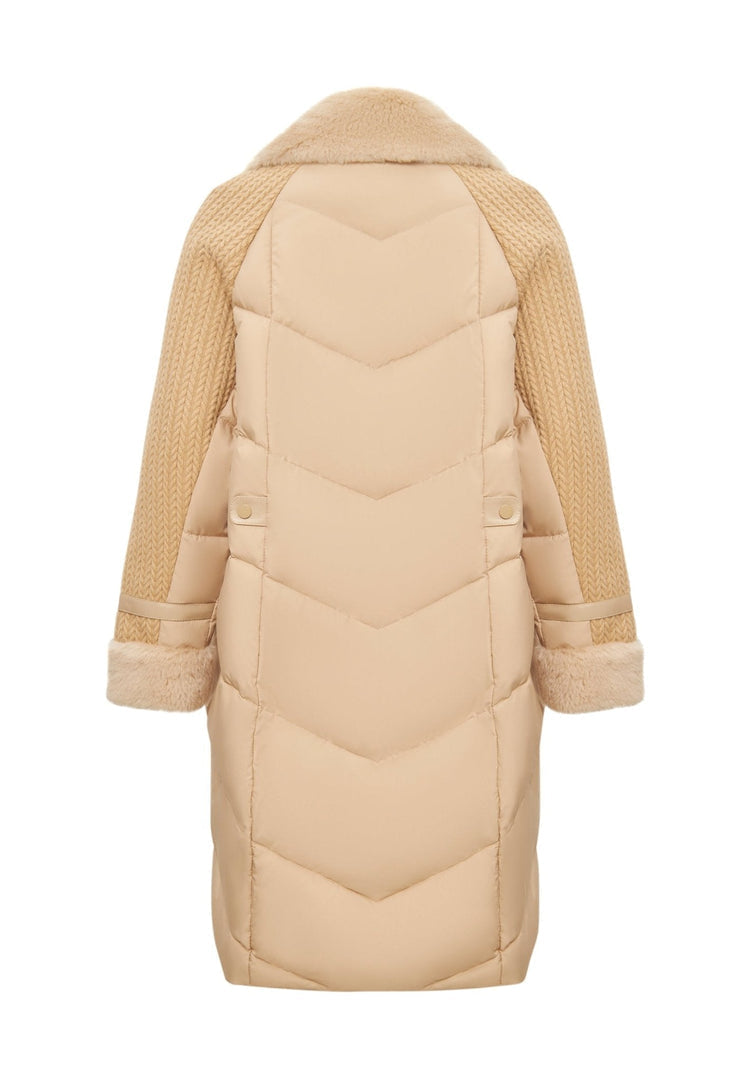 A stylish beige long quilted coat in an oversize style, perfect as a winter jacket for women's outerwear fashion.