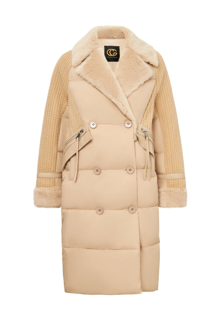 A stylish women's long quilted beige coat, perfect for winter, in an oversize style - a must-have for women's outerwear.