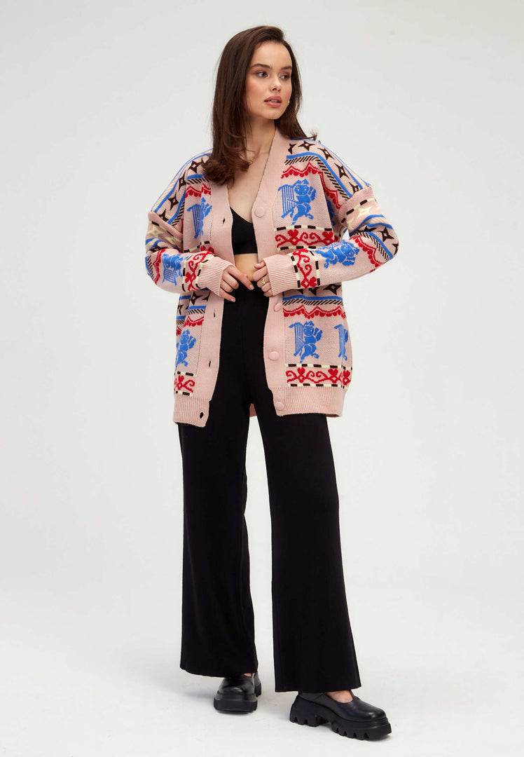 A trendy, multicoloured button-up cardigan featuring a cupid design, perfect for women's knitwear fashion.
