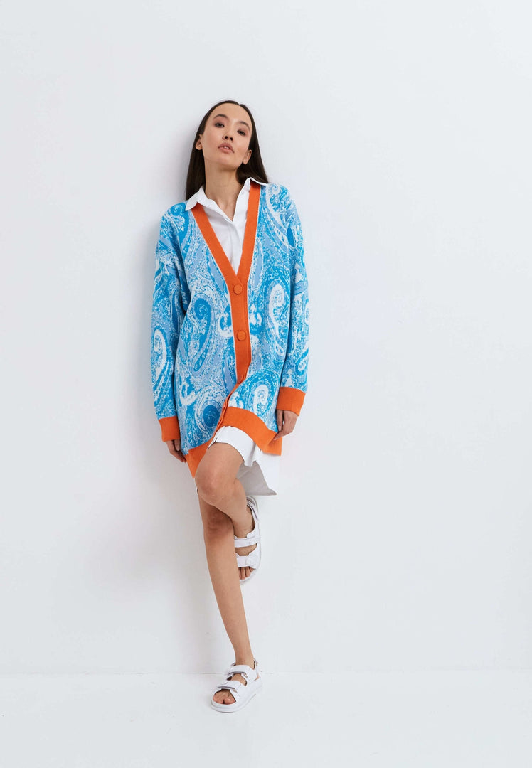 A stylish multicoloured button-up cardigan in light blue, perfect for women's knitwear wardrobes.