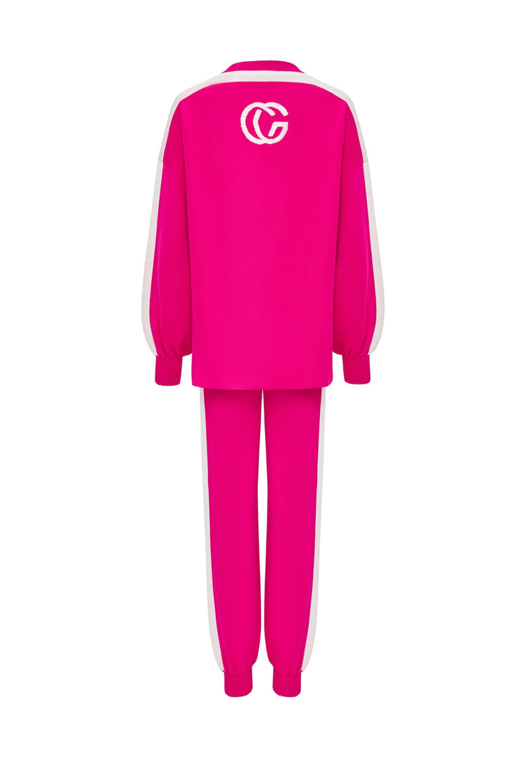 A stylish pink knitted jogger set for women, complete with a cozy CG pink jogger set, ideal for a casual knitwear outfit.
