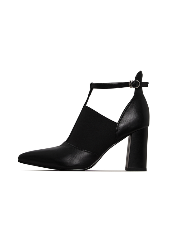 Elevated T-Strap Block Heels - Patent Black