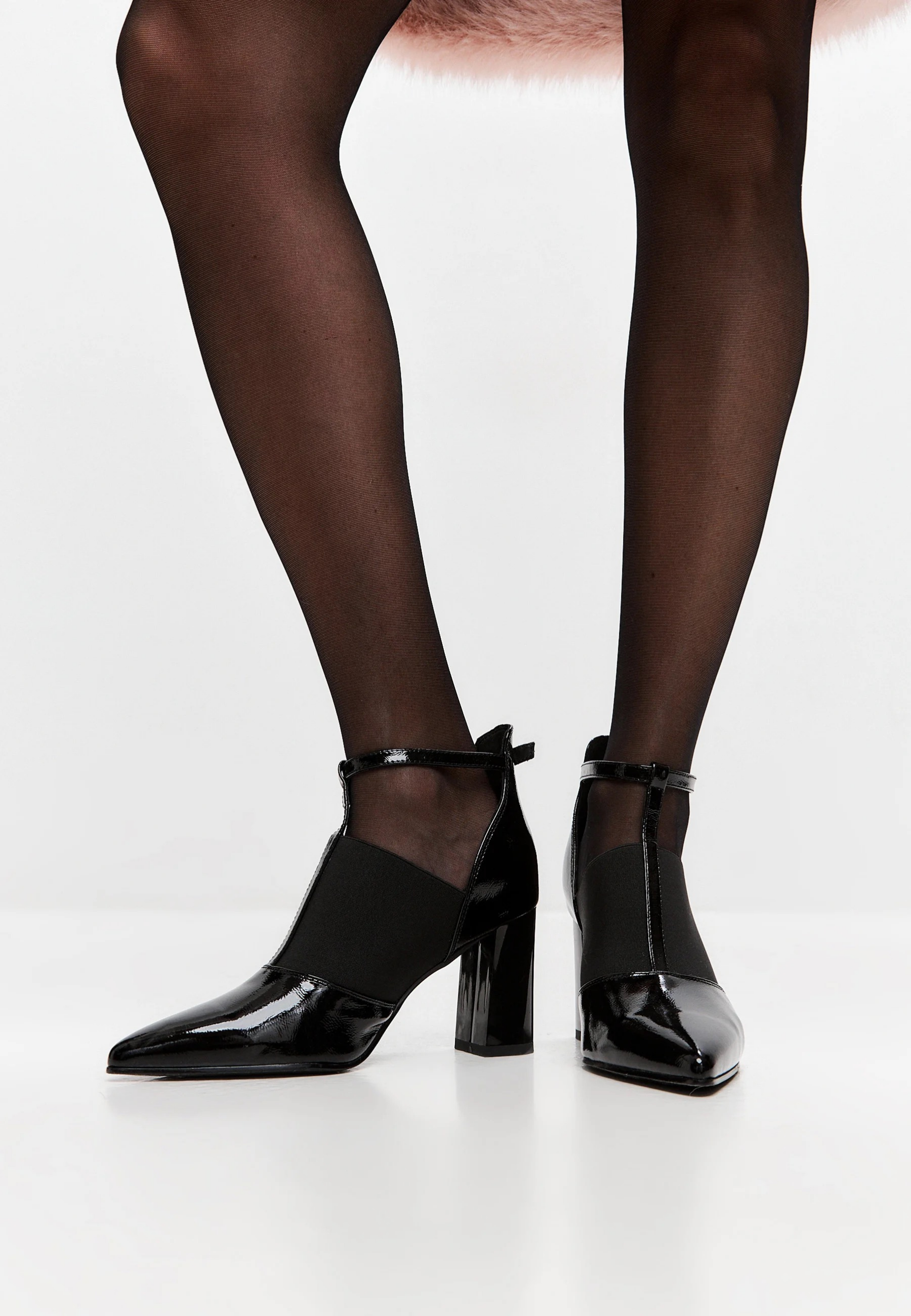 Elevated T-Strap Block Heels - Patent Black