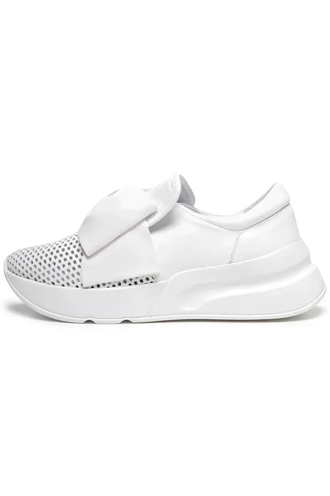 Perforated Slip-On Sneakers with Oversized Bow - White