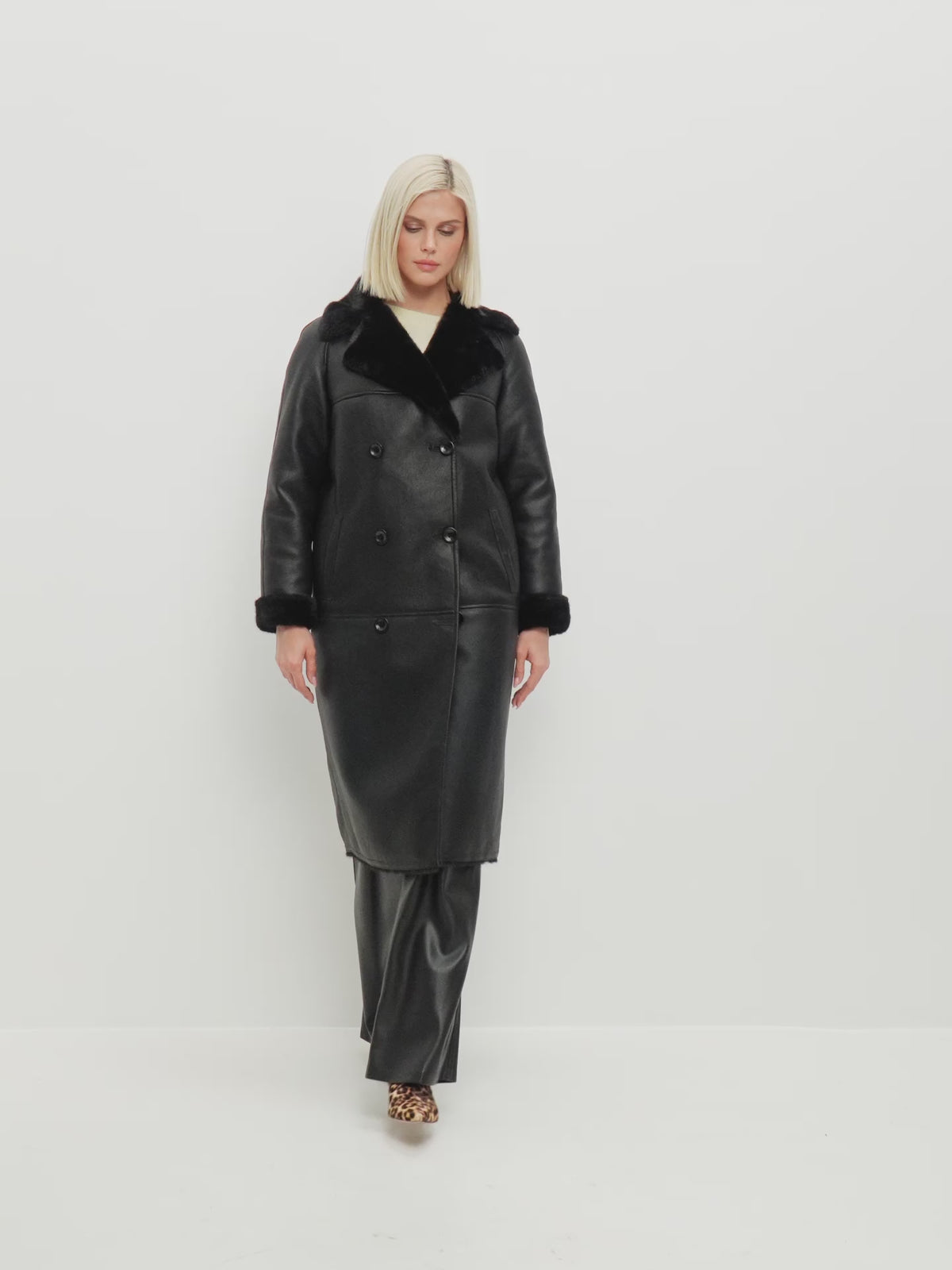 Button-Up Faux Reversible Long Coat - Black