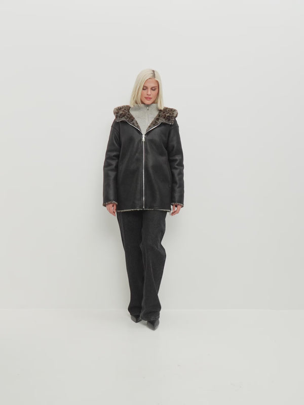 Reversible Faux Leather Jacket with Leopard Faux Fur Trim