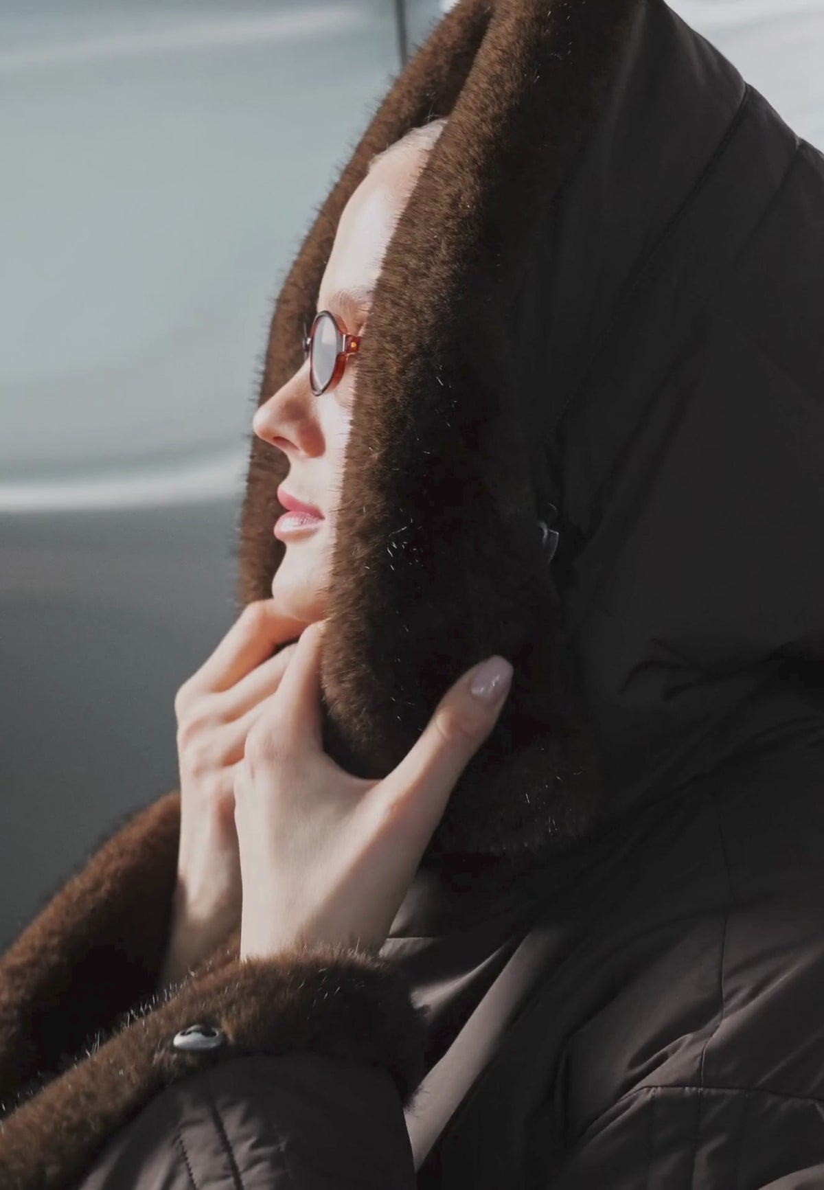 Faux Fur Trim Hooded Coat — Brown