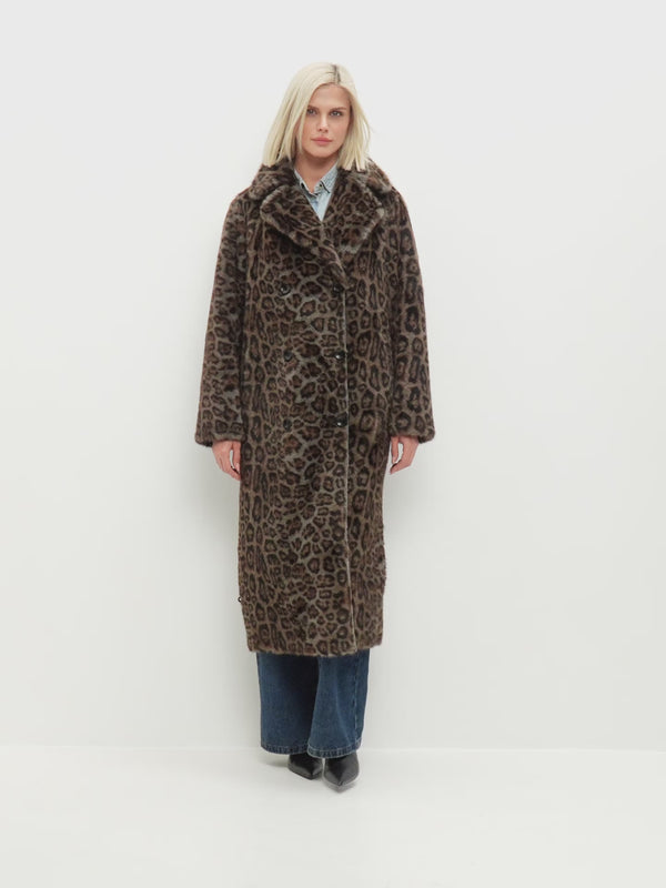 Reversible Faux Animal Print Shearling Long Coat