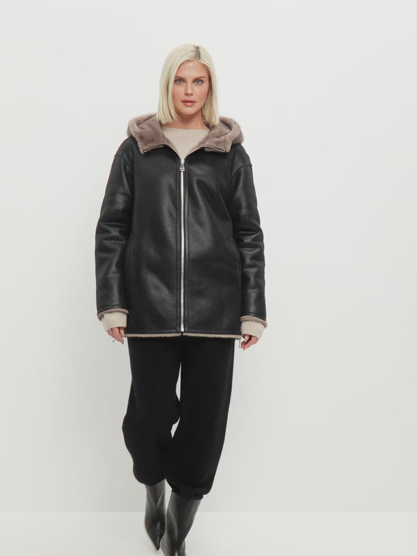 Reversible Faux Leather Jacket with Faux Fur Trim