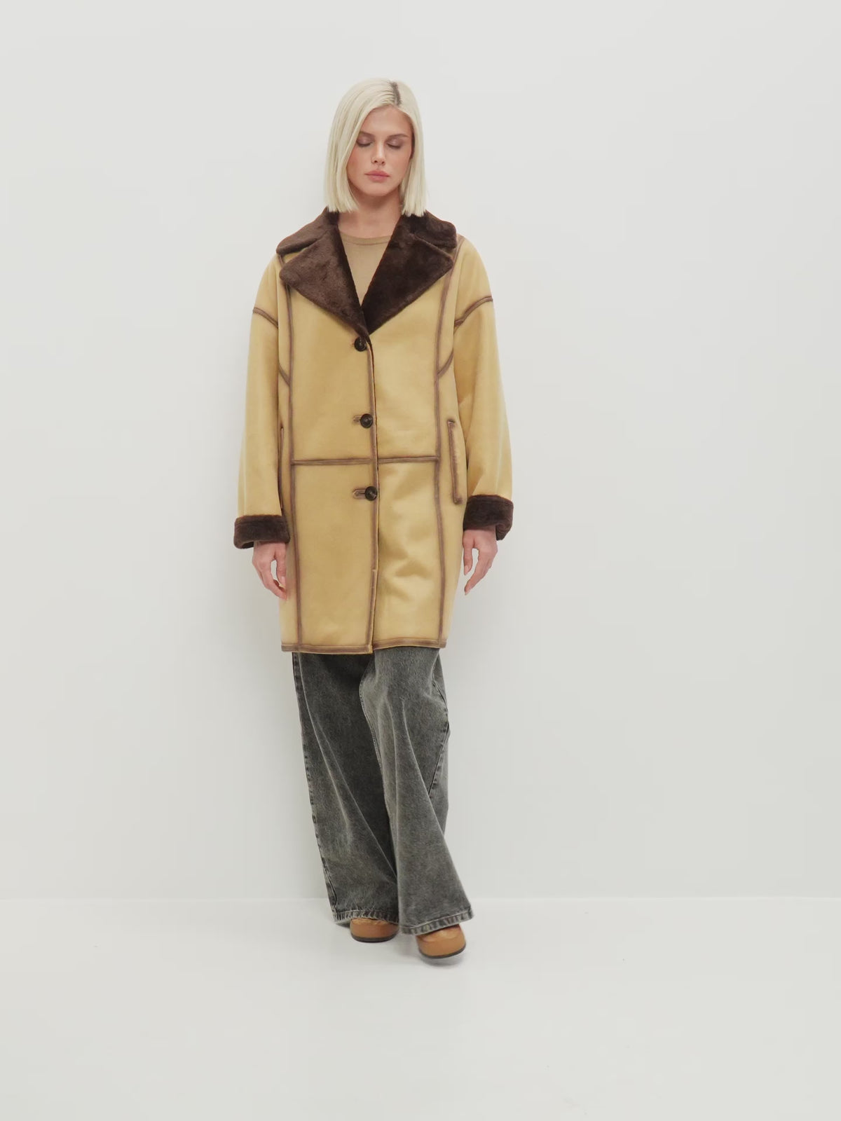 Faux Reversible Shearling Coat with Belt