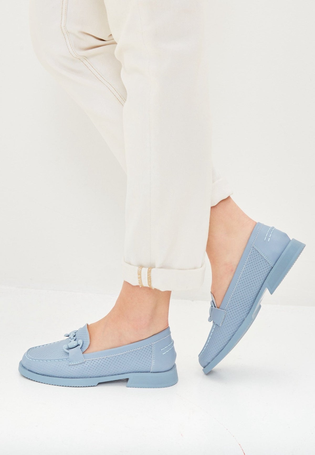 Leather Block Heels Loafers - Blue