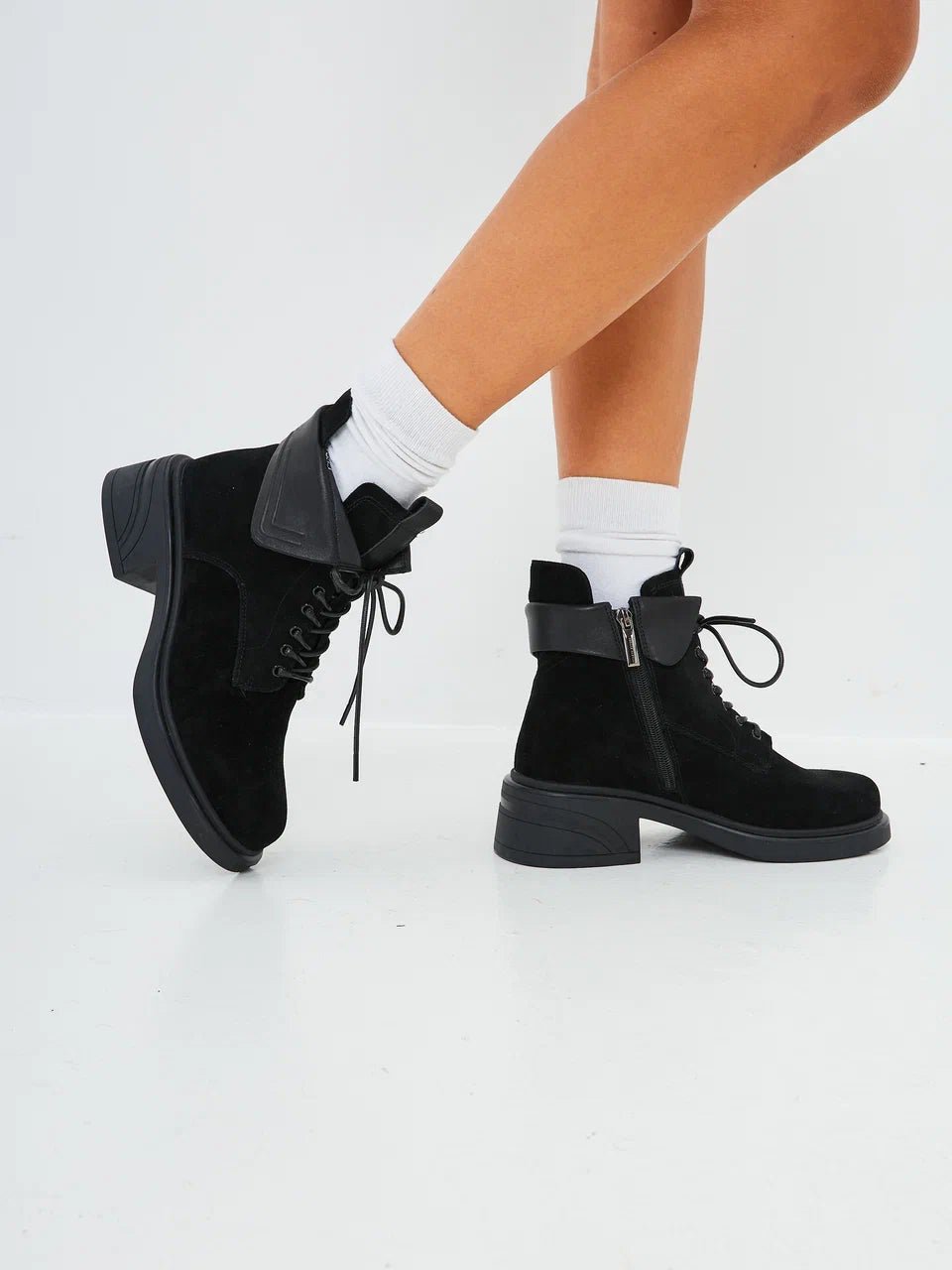 Stylish Block Heel Ankle Boots - Black Suede