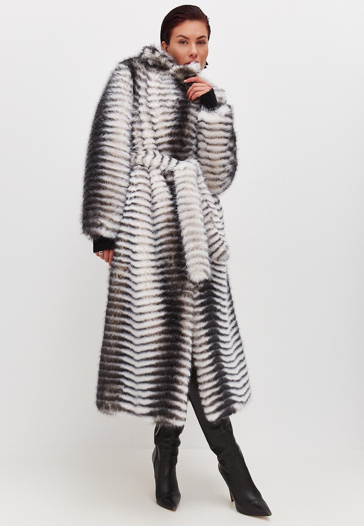 Winter Faux Fur Belted Long Coat - Cesare Gaspari - Clothes